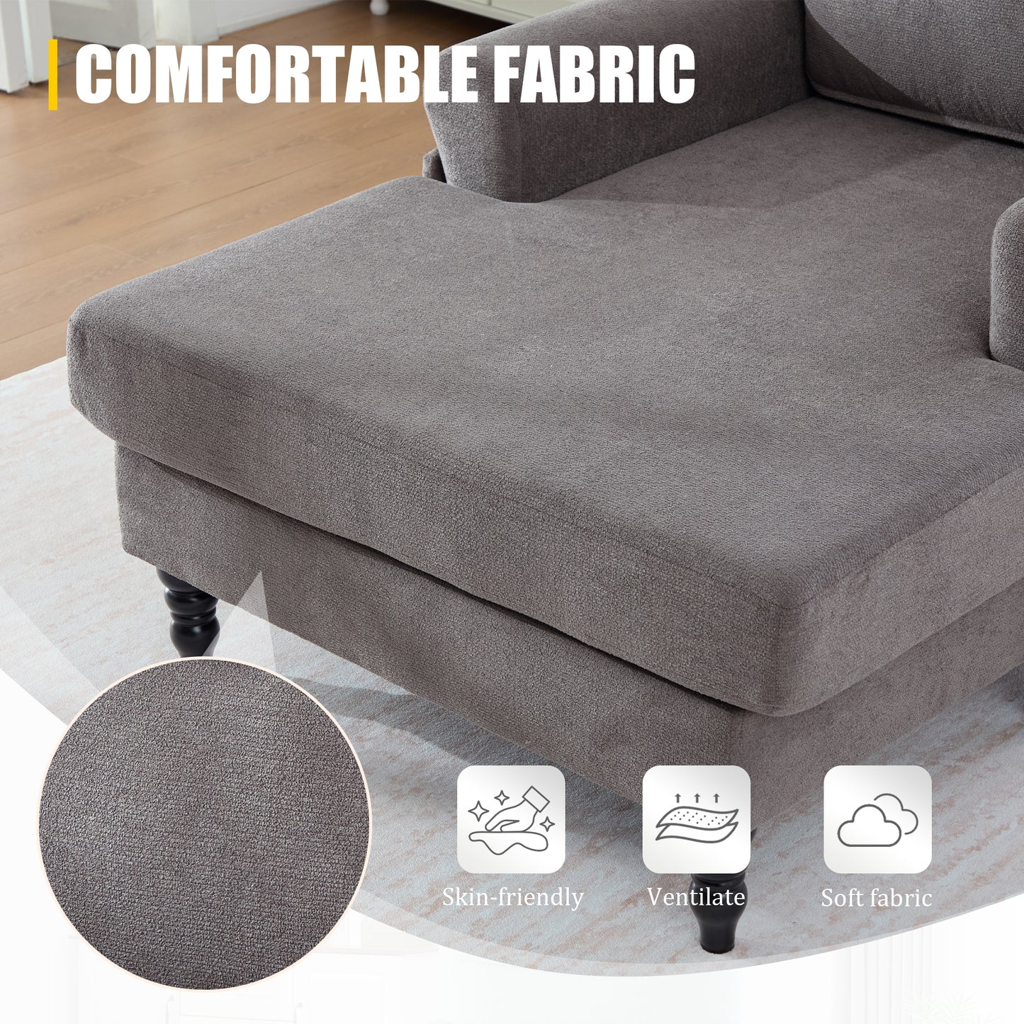 Modern Minimalist Chenille Fabric Chaise Lounge Recliner Single Sofa Living Room Bedroom Rest Chair Wooden Sofa Legs With Comfortable Backrest And Armrests Side Pockets For Storage Suitable For Office