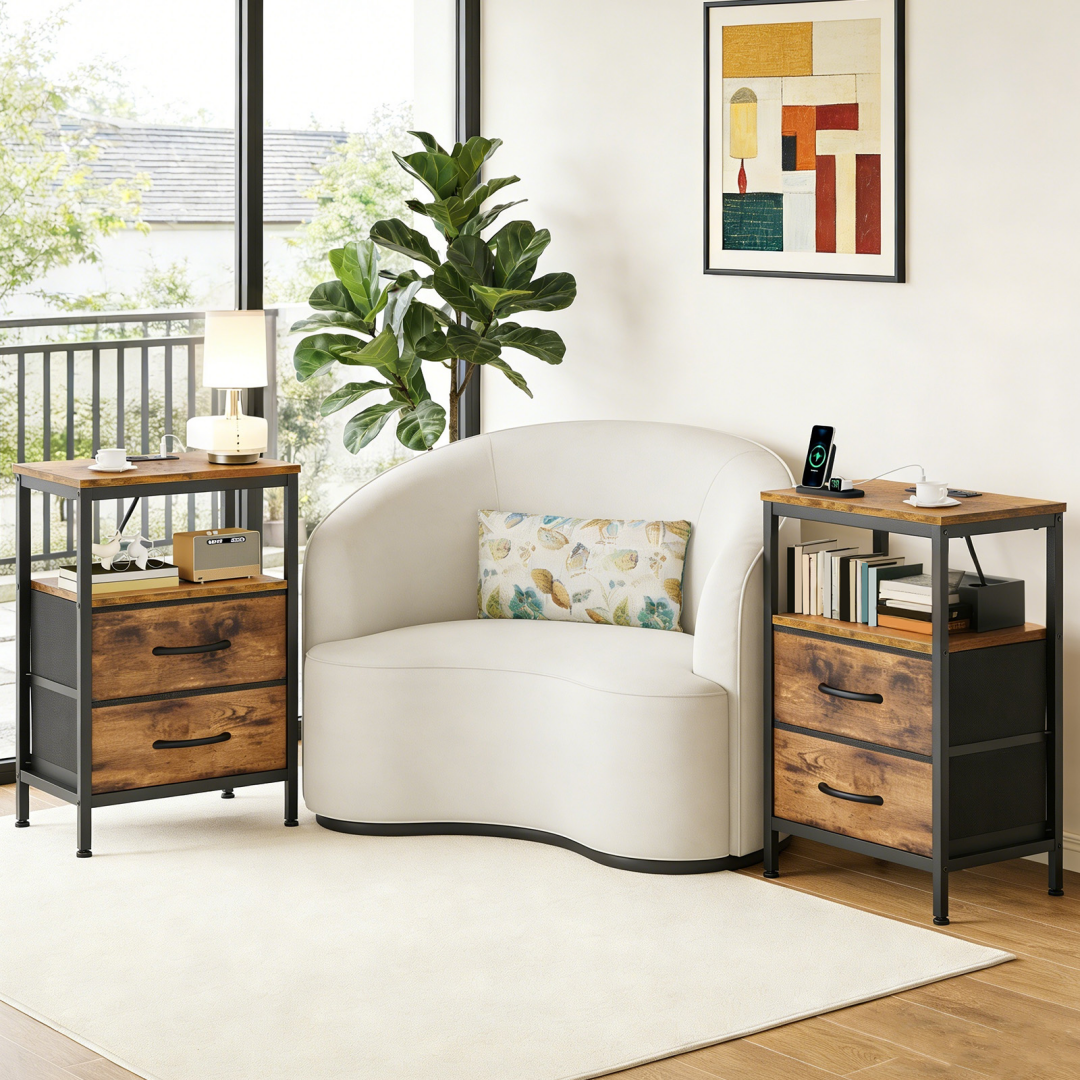 A Small Bedside Table With A Charging Station And Two Fabric Drawers, And A Side Bedside Table