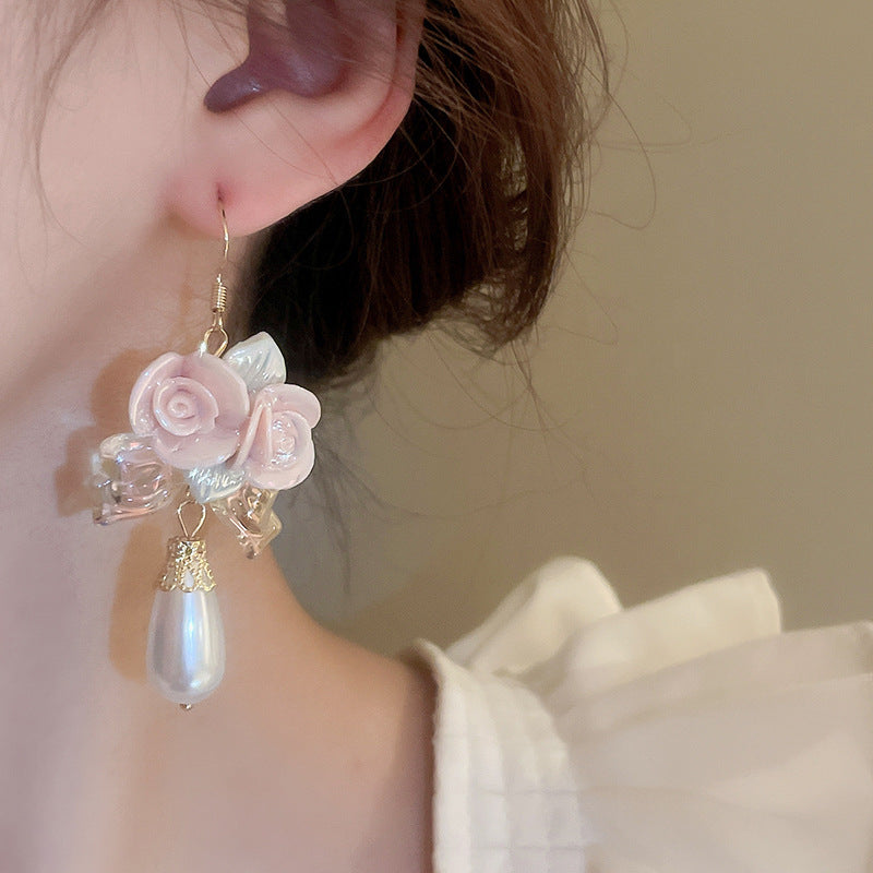 Ceramic Flower Water Drop Pearl Ear Hook Sweet Beauty