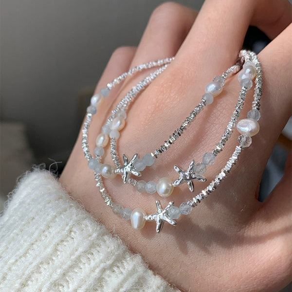 1 Piece 999 Sterling Silver Starfish Freshwater Pearl & Chip Bead Bracelet, Fresh & Elegant, Perfect For Daily, Dating & Gifting, Ideal Valentine's Gift