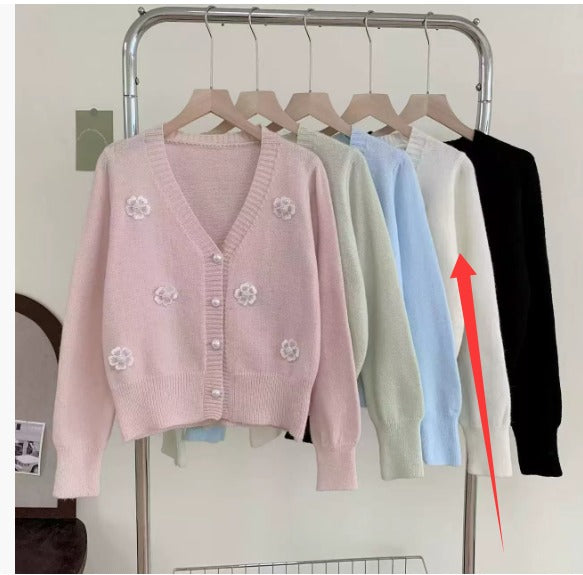 Korean-style 3D Floral Beaded Knit Cardigan For Women Autumn