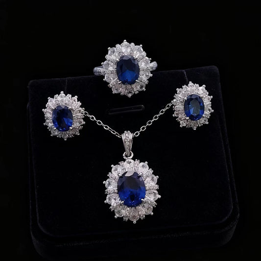 2025 New Sunflower Sapphire Emerald Jewelry Set Ring Earrings Pendant Full Diamond Fashion Necklace For Women