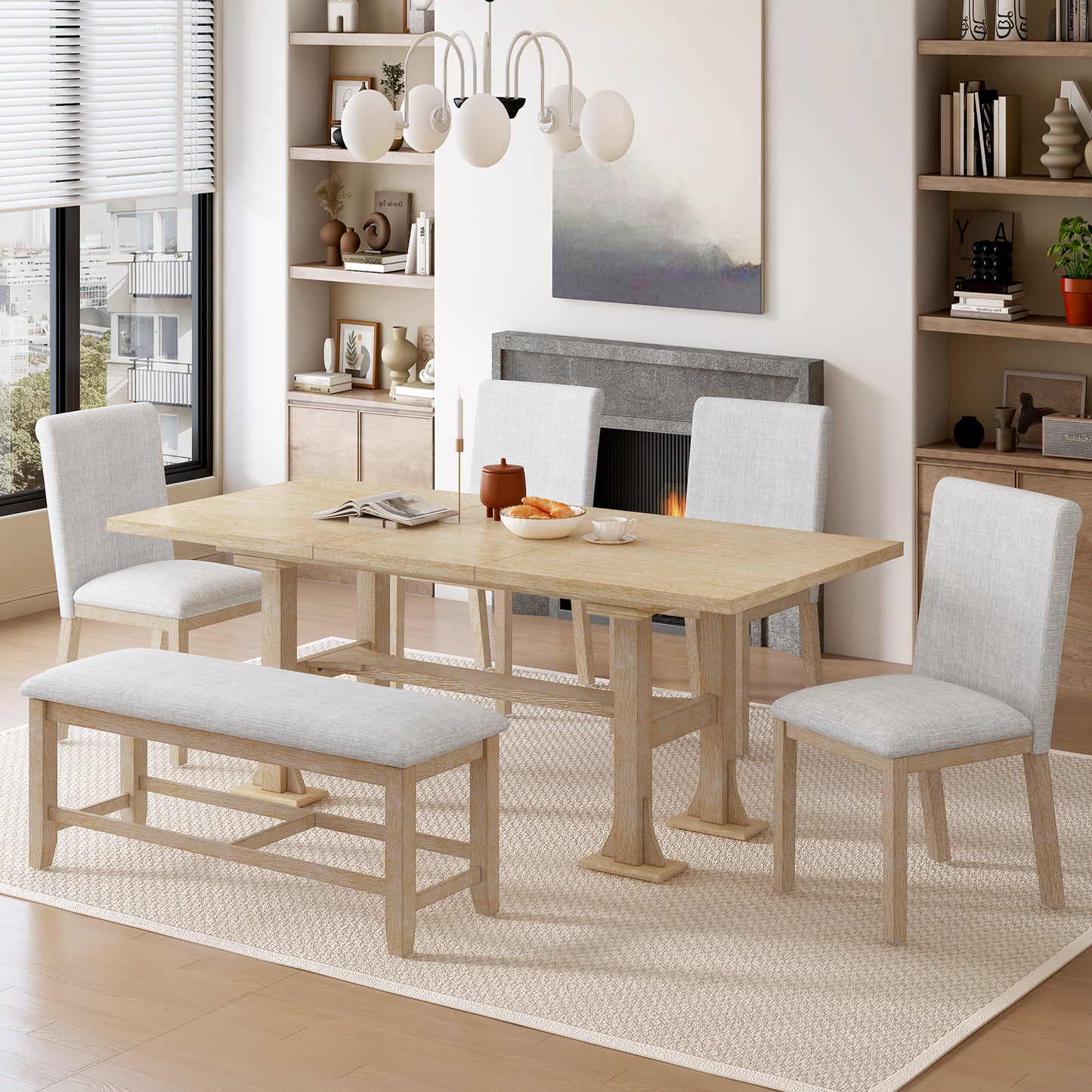 TOPMAX Farmhouse 76inch 6-Piece Extendable Dining Table Set Trestle Kitchen Table Set With 18inch Removable Leaf And Upholstered Dining Chair And Bench For Dining Room, Natural Light Gray