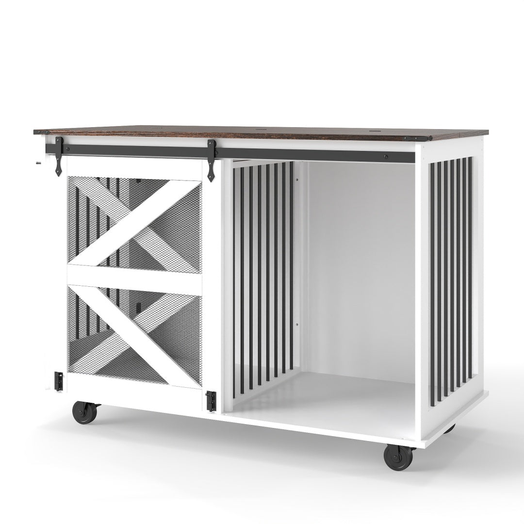 47.2 Mobile Dog Crate With Flip-Top Feeding Door, Dual-Access & 5 Caster System 2 Locking, Side Hooks - Multi-Functional Pet Kennel,double Dog Crate Furniture