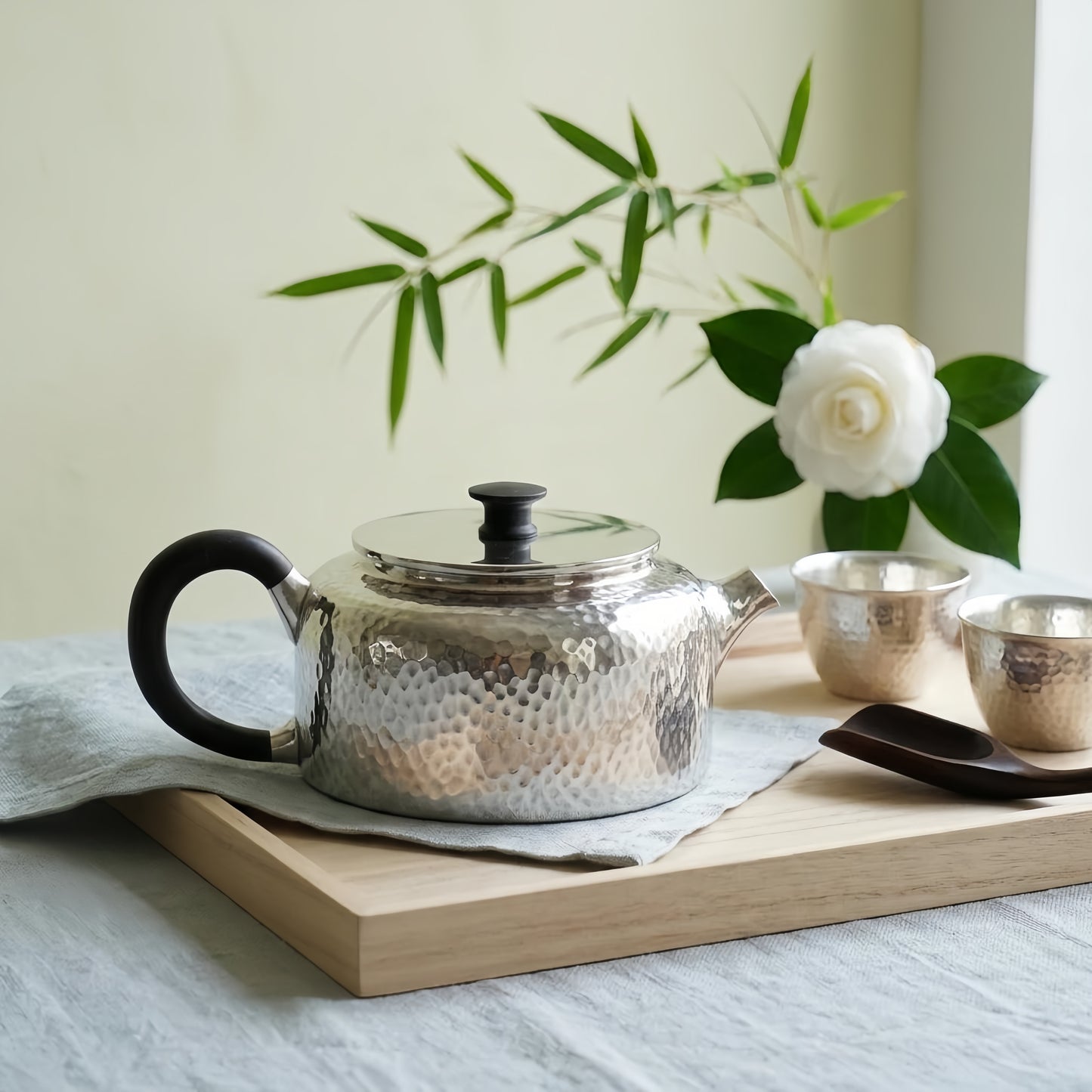 Pure 999 Fine Silver Stainless Steel Teapot with Hammered Texture and Black Accents: Modern Elegance for Tea Enthusiasts-exquisite handmade teapot - Handicraft