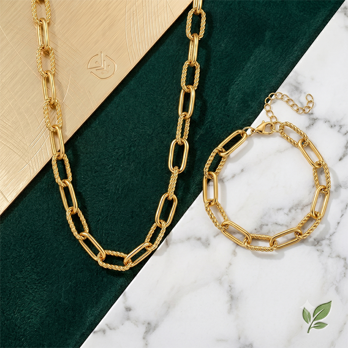 2Pcs Chunky Paperclip Chain Jewelry Set For Women, 18K Gold Plated Stainless Steel Thick Twist Rope Link Necklace Bracelet Combo, Statement Gift Set