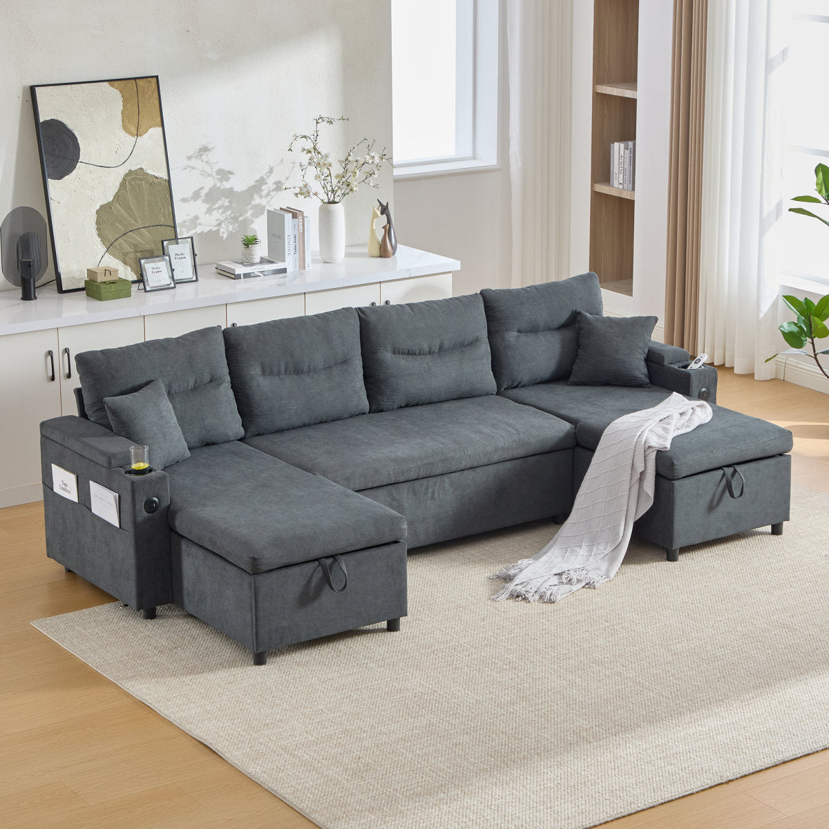 Contemporary 4-seater Fabric Sofa Featuring Dual Chaise Lounges, Hidden Storage, Integrated Cup Holders, USB Ports, And A Convenient Pull-out Bed  The Ideal Centrepiece For Your Living Room.Dark Gray