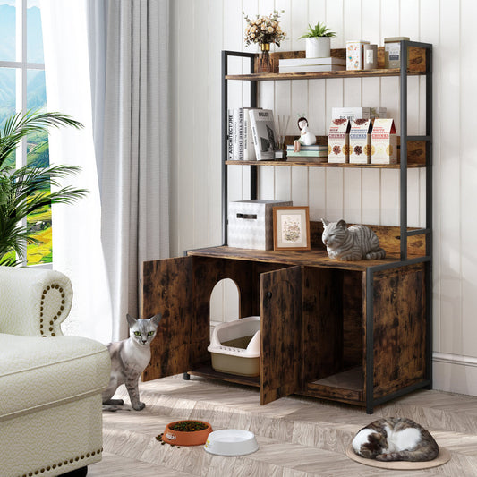 Large Cat Litter Box Enclosure With Storage Shelf, Hidden Cat Washroom Furniture, Wooden Cat House With Scratch Pad, Sturdy Indoor Pet Cabinet With 2 Doors For Odor Control, Brown