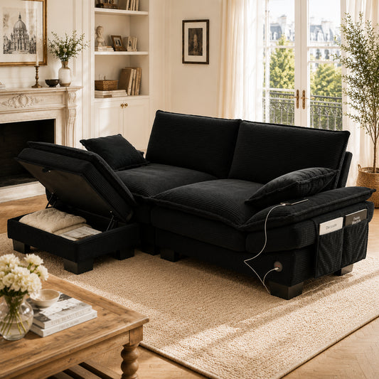 Modular 2-seater Corduroy Sofa  With Stool  Wide Seat, Ergonomic Design, High-density Foam Padding, USB-C Port And Side Pockets. Ideal For Living Room, Office Or Lounge. Black