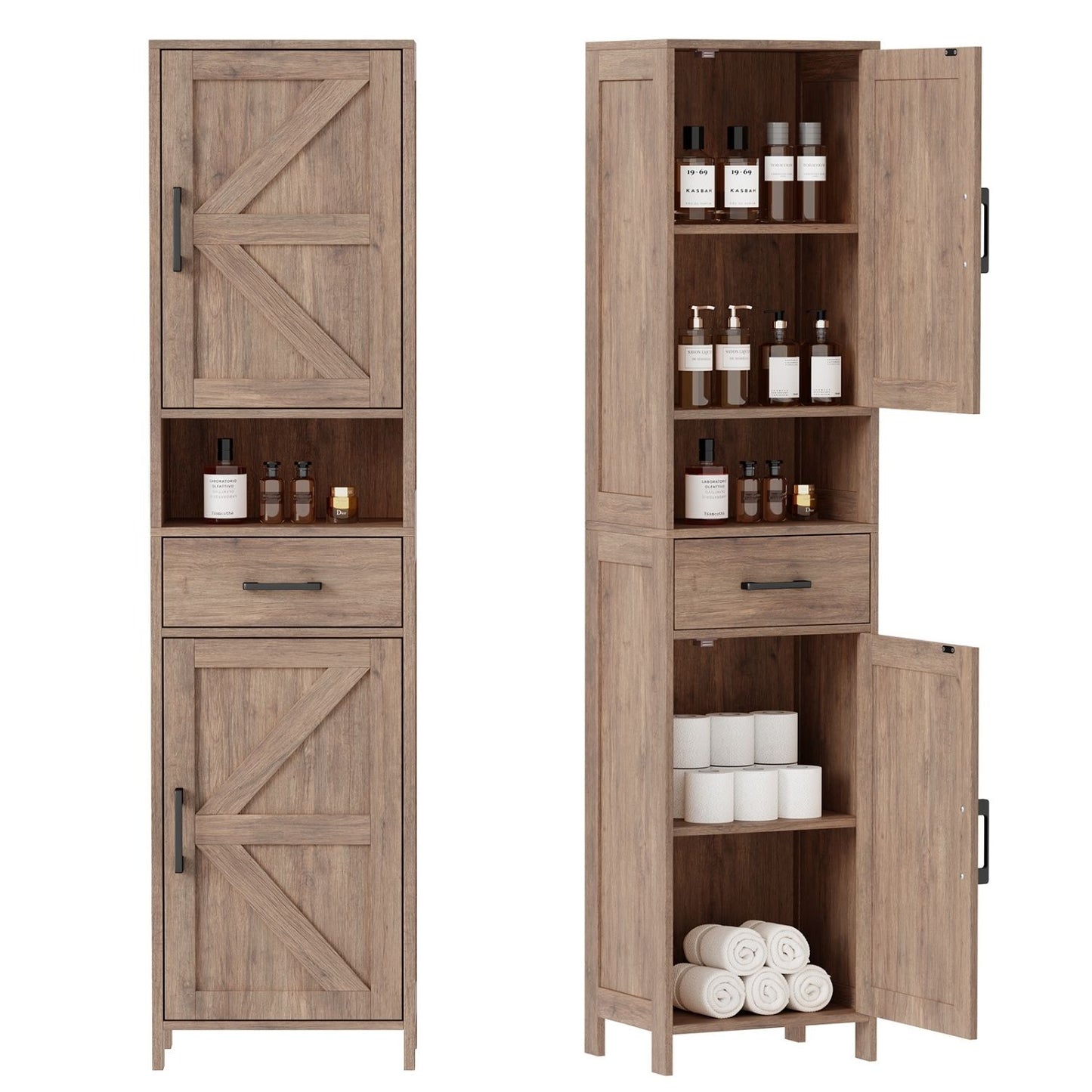 Tall Narrow Storage Cabinet, 2 Barn Doors With Drawer, Adjustable Shelves, Floor Cabinet For Bathroom, Living Room, Entryway, Kitchen