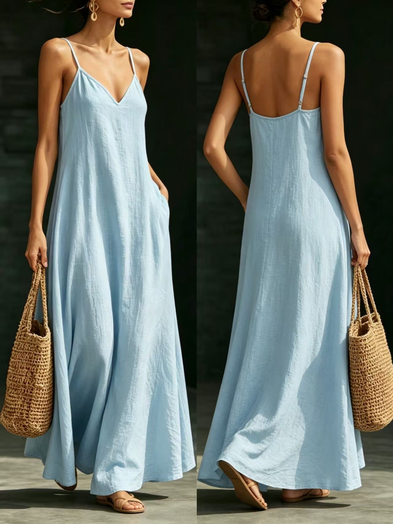 Summer V-Neck Spaghetti Strap Flowy Maxi Dress - Casual Fashion Solid Color Long Dress For Women Vaction Dress