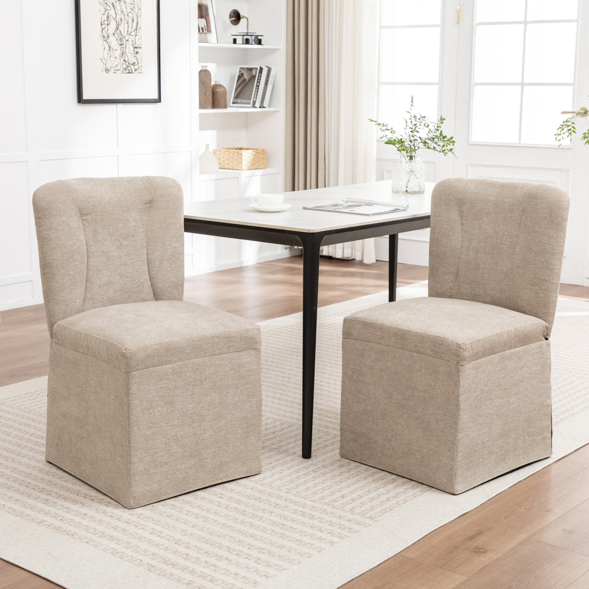 Linen Dining Chairs, Modern Fabric Side Chairs for Dining Room and Kitchen, with Padded Seat and Backrest, Upholstered Armless Chairs for Living Room, Set of 2 (Brown)