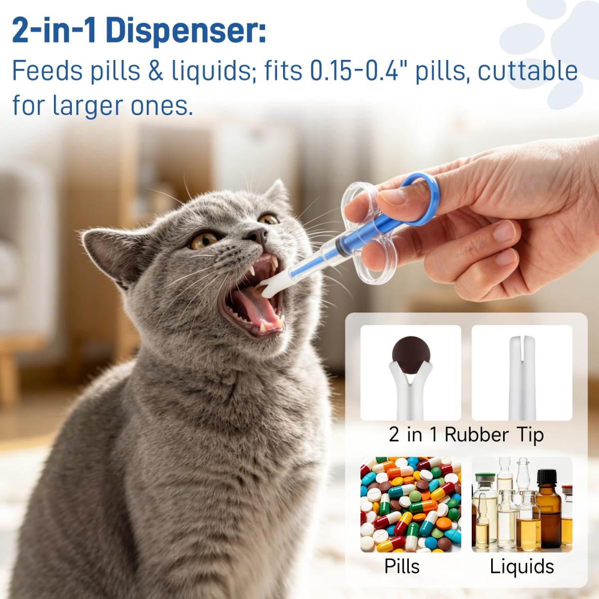 Cat Pill Shooter, Pill Popper For Cats & Dogs, 2-in-1 Pet Piller  Anti-drop Syringe For Tablets & Liquid. Easy Admin For Small Animals. Soft Rubber Tip Protects Gums