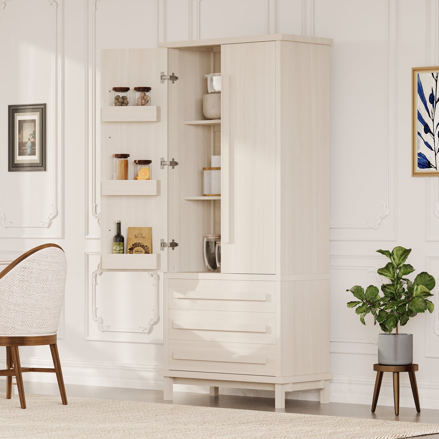 70  Kitchen Pantry Cabinet With 2 Cabinet Shelves,Luxurious Wooden Cupboard With 6 Door Shelves And 3 Drawers For Kitchen, Dining Room,White