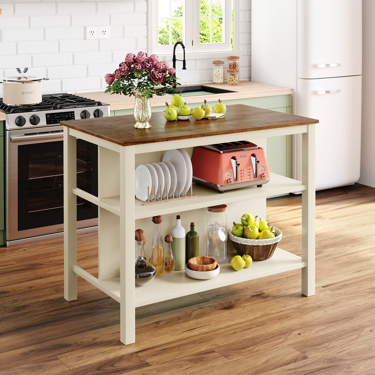 TOPMAx Solid Wood Rustic 3- Piece 45  Stationary Kitchen Island Set With 2 Seatings  Rubber Wood Butcher Block Dining Table Set Prep Table Set With 2 Open Shelves For Small Places Walnut Cream White