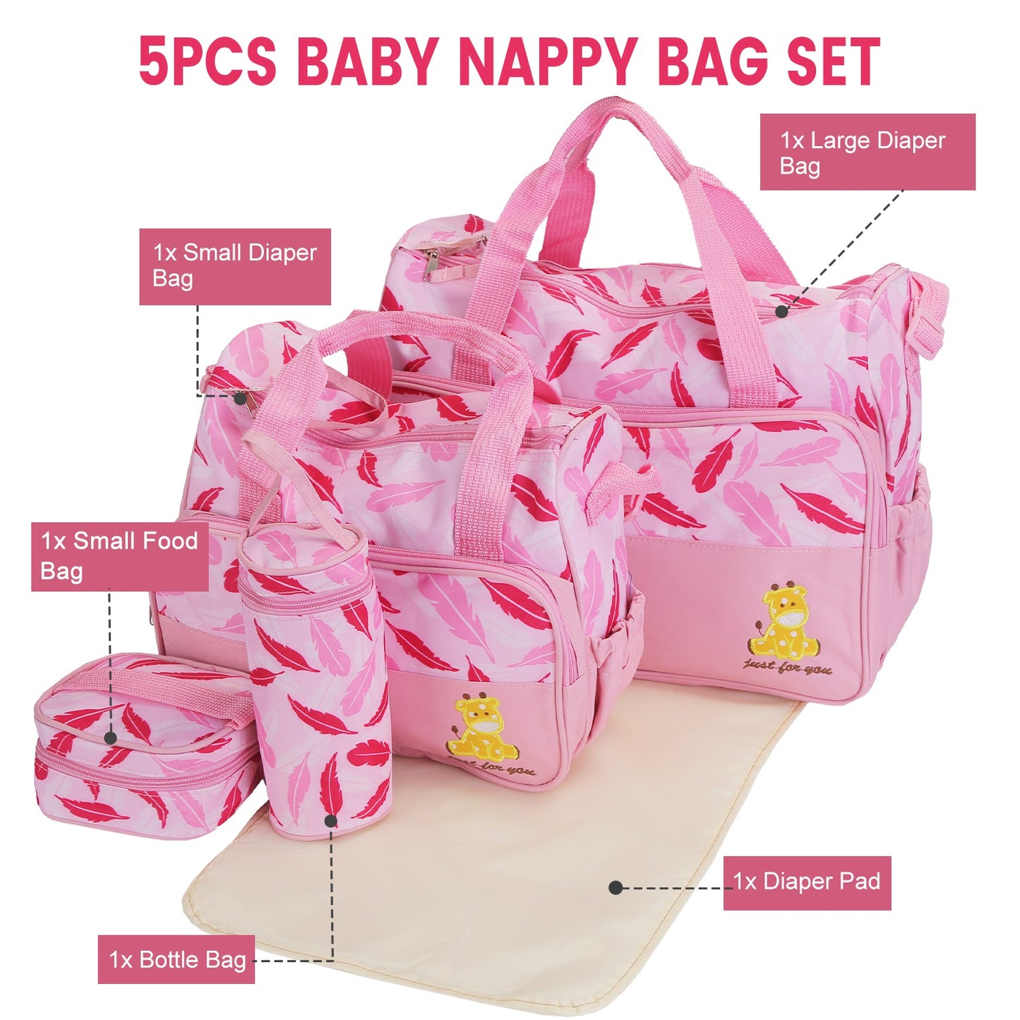 5Pcs Baby Nappy Diaper Bags Set For Picnic Mummy Diaper Handbags With Diaper Pad Food Bag Bottle Bag Travel Tote Bags For Mom Dad