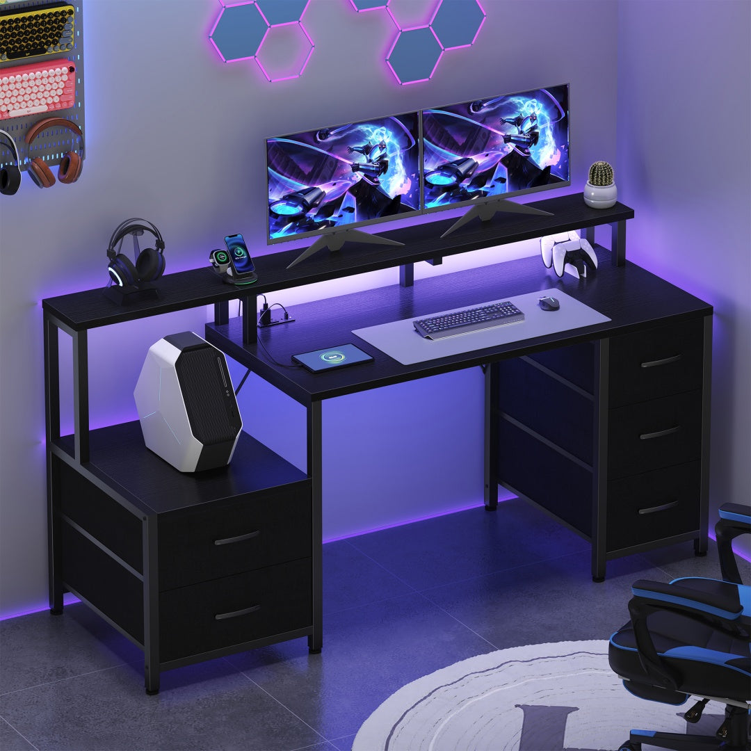 67-inch Computer Desk, Equipped With 5 Drawers And A Monitor Stand. The Gaming Table Comes With LED Lights And Power Sockets. The Printer Cabinet.