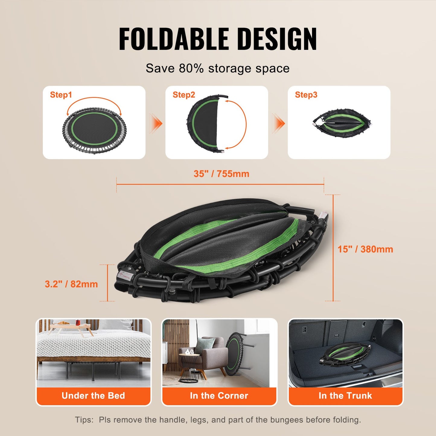 Foldable Mini Trampoline  40 Inch Fitness Rebounder  Max Load 330lbs Exercise Trampoline, Stable & Quiet Trampoline With 4 Level Height Adjustable Foam Handle, For Adults Indoor-Garden Workout