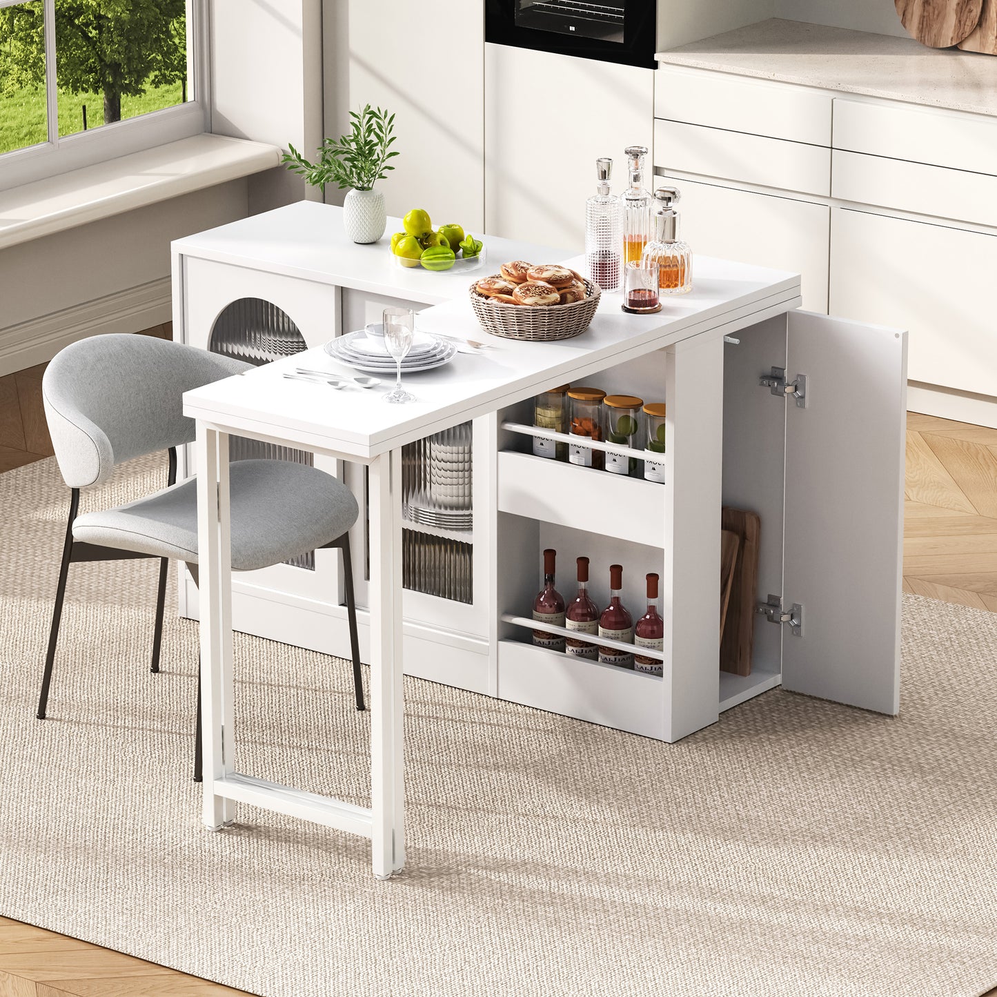Modern Bar Table, Extendable 360 Swivel Bar Table With Storage, Reversible Table Sideboard Bar With Glass Cabinet Door, Bar Table For Kitchen Coffee Bar Furniture, White