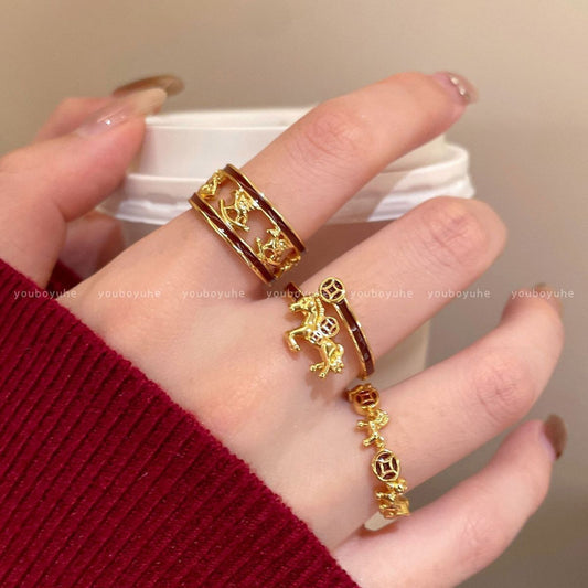 Women's Golden Pony Index Finger Ring, New Year Light Luxury High-end Stackable Open Band, Ideal Gift For Her