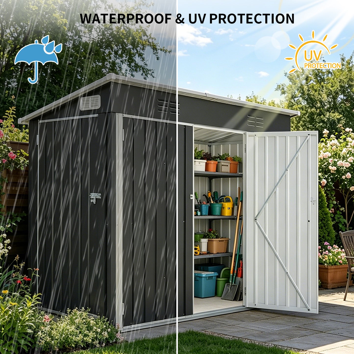 4 X 8 FT Galvanized Steel Outdoor Storage Shed With 3 Access Doors, Ventilated Weatherproof Metal Utility Shed For Garden Tools, Bikes & Patio Equipment,Black 3.58x7.41 Ft