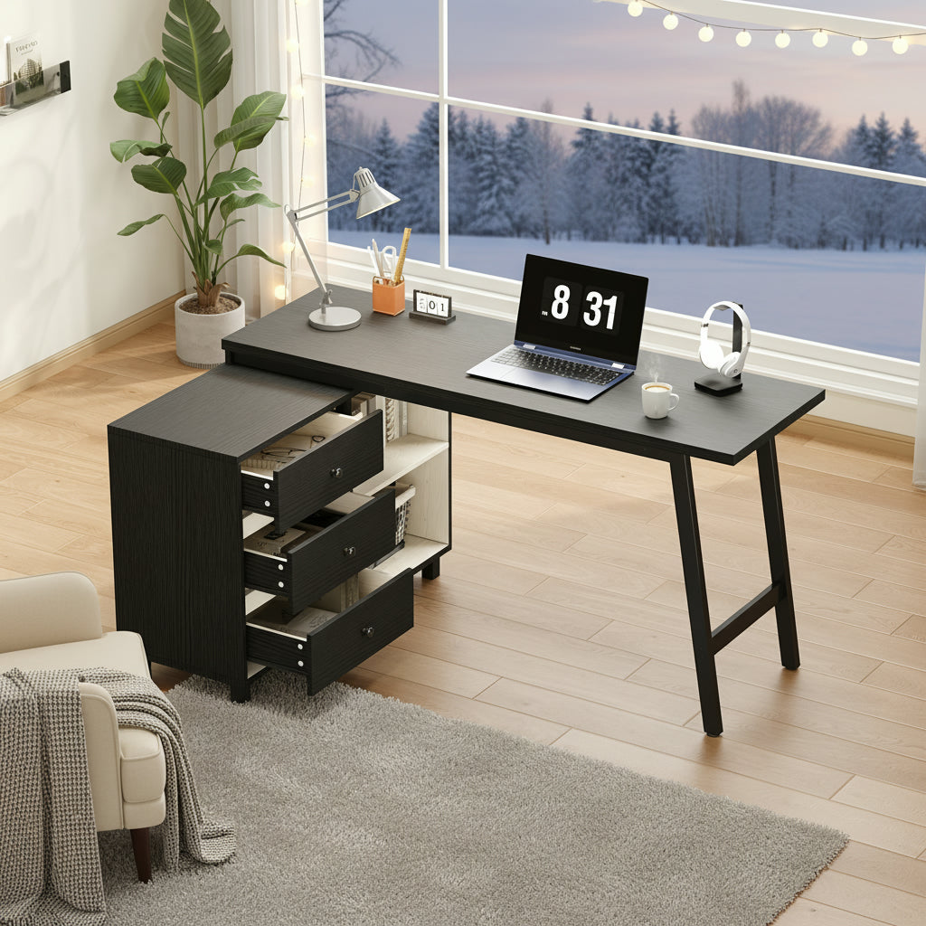 150 X 100 X 76 Cm L-shaped Desk With Three Drawers, Two Open Storage Compartments, Tubular Steel Legs, Spacious Table Top, Black And White.