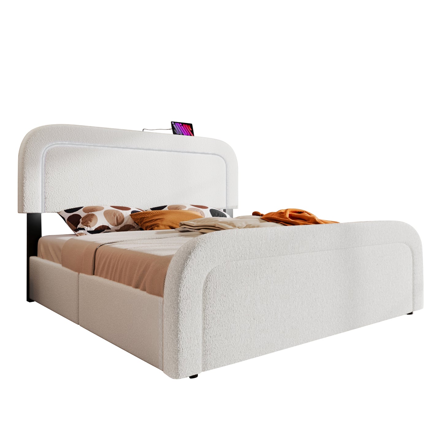 AB20044647W Bed Frame With USB-C Charging, LED Lighting, And 4 Drawers  Upholstered Double Bed 160x200cmWith Height-Adjustable Headboard And Wooden Slatted Base  Sherpa White Mattress Not Inc