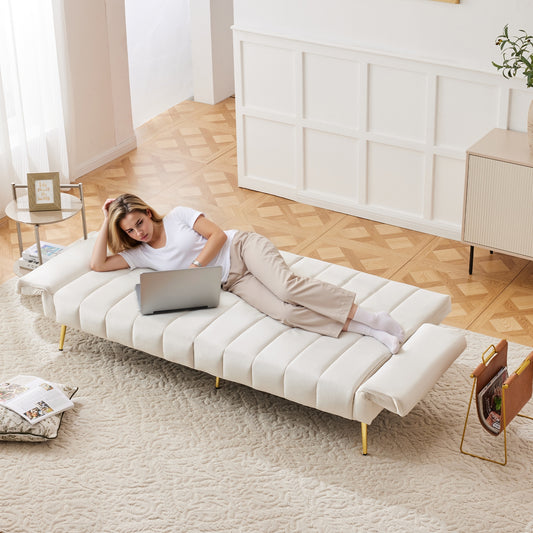 Modern Adjustable Velvet Sofa Bed With Multi Position Backrest & Armrests, Metal Legs, Convertible Sleeper Function, Ideal For Living Room, Bedroom, Home Theater & Guest Room, Beige, Video Included