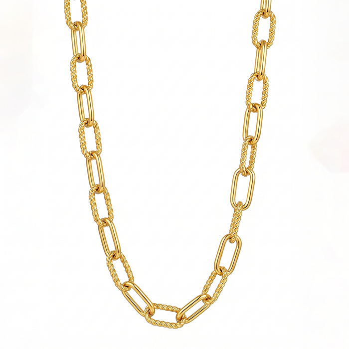 2Pcs Chunky Paperclip Chain Jewelry Set For Women, 18K Gold Plated Stainless Steel Thick Twist Rope Link Necklace Bracelet Combo, Statement Gift Set