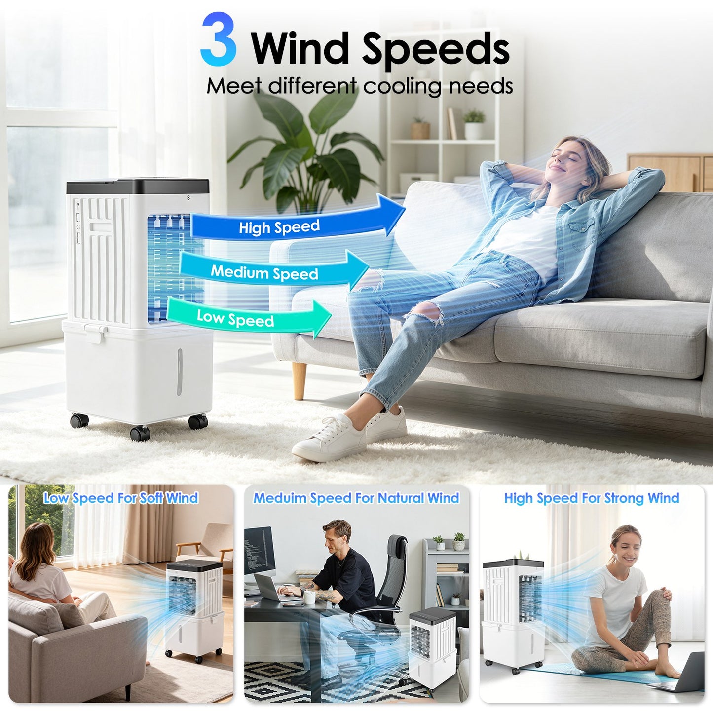 Portable Air Cooler Fan 12L Evaporative Air Conditioner With 3-Speed Dual Water Tank Touch & Remote Control 4 Wheels 4 Ice Packs Oscillation 15H Timer Visible Window For Bedroom Office Home