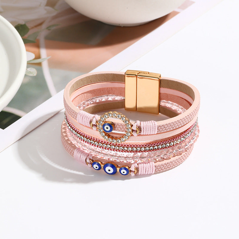 New Cross-border Bohemian Bracelet Hand-woven PU Leather Bracelet Alloy Magnetic Buckle Women's Bracelet
