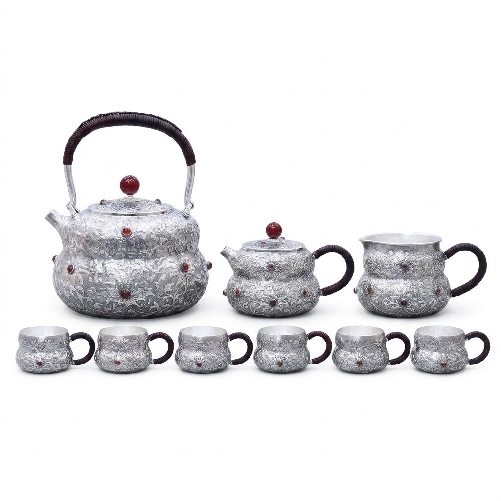 925 Sterling Silver Antique  Tea Set with Floral Engraving and Red Accents - Handicraft
