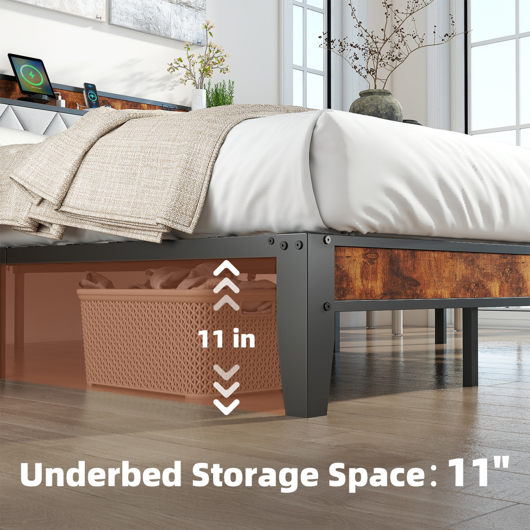 Soft-padded Headboard With Storage, Charging Port, Iron Frame Bed
