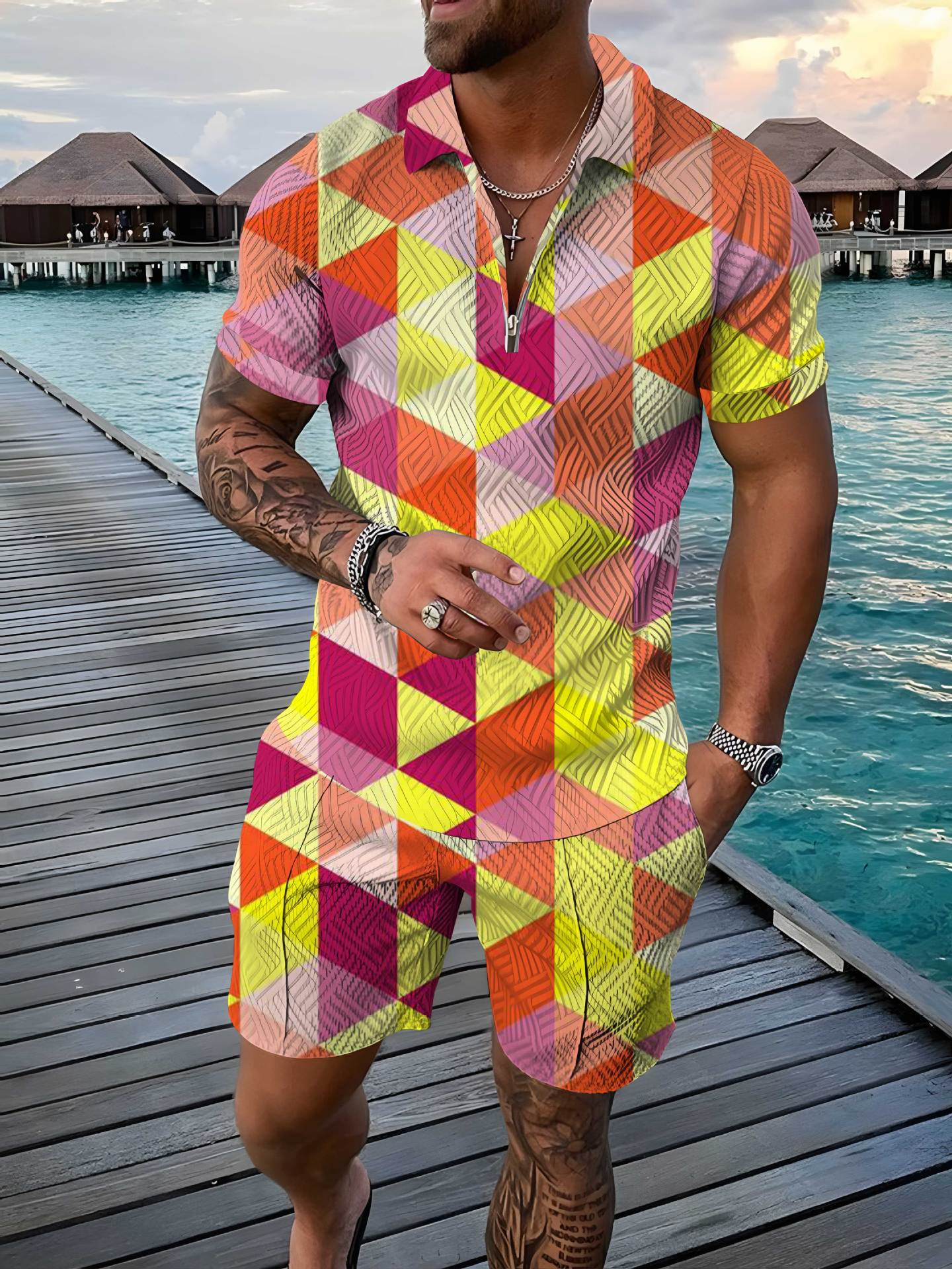 Men's Polo Shirt Summer Fashion 3D Printed Short Sleeve Geometric Zip Lapel