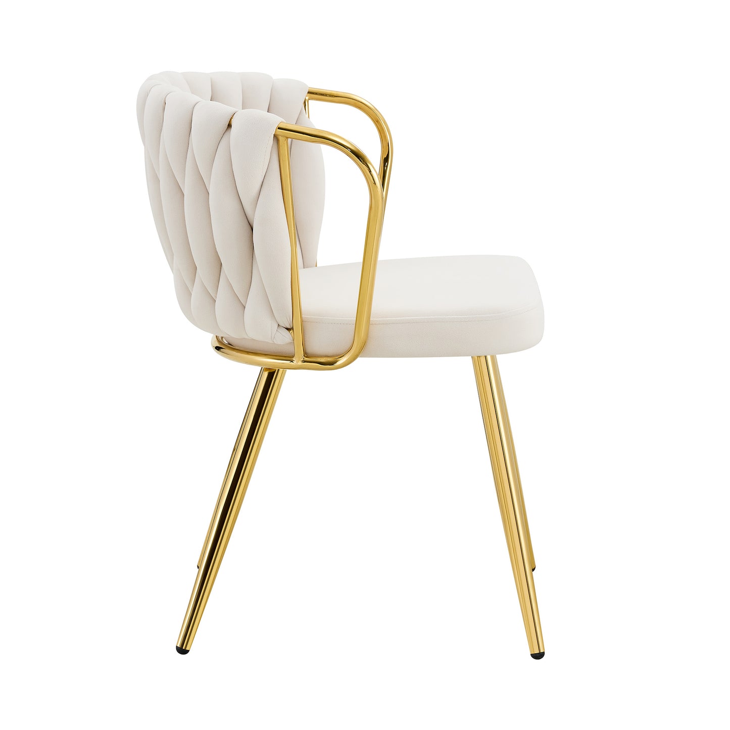 Dining Chair With Velvet Cover, Modern Upholstered Chair With Woven Backrest & Golden Metal Legs, Ergonomic Armchair For Dining Room, Living Room & Kitchen, Cream-Gold
