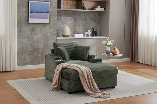 VIDEO New Corduroy Upholstered Chaise Lounge Sofa With Handrail Storage,Movable Ottoman,Cupholders,Detachable Cushions Deep Seat For Living Room Office,3 Colour,Wide Stripe Corduroy