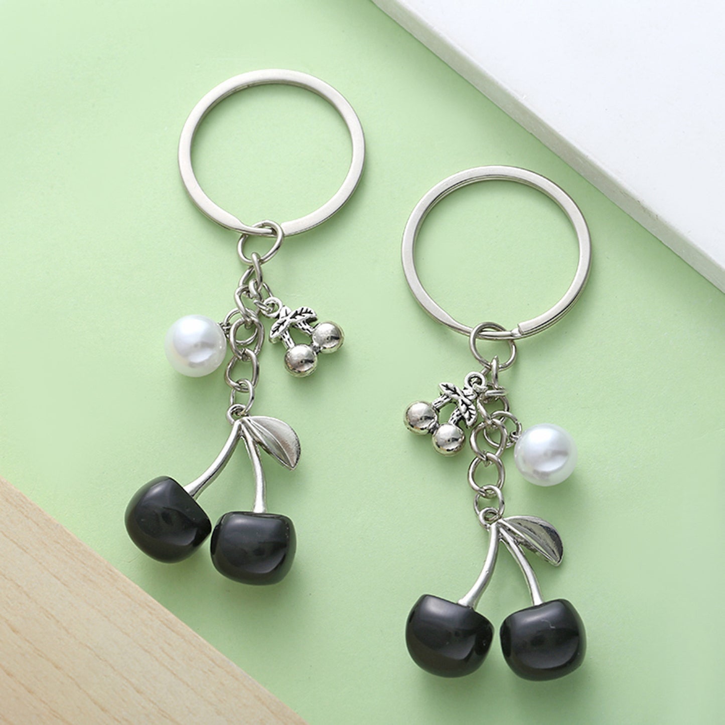 White K Key Chain Pearl Transparent Resin Black Cherry Keychain