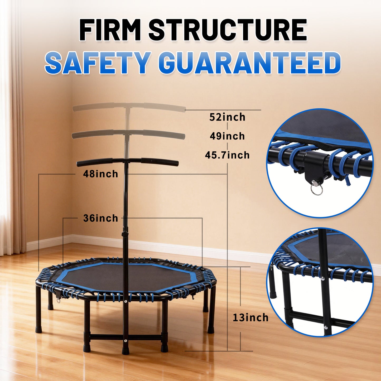 48 Inch Foldable Fitness Trampoline With Adjustable Handlebar For Adults, Max Load 450lbs,With Durable Bungee Ropes,Stable & Quiet, Rebounder For Cardio & Strength Training, Home Gym,Jumping Exercise