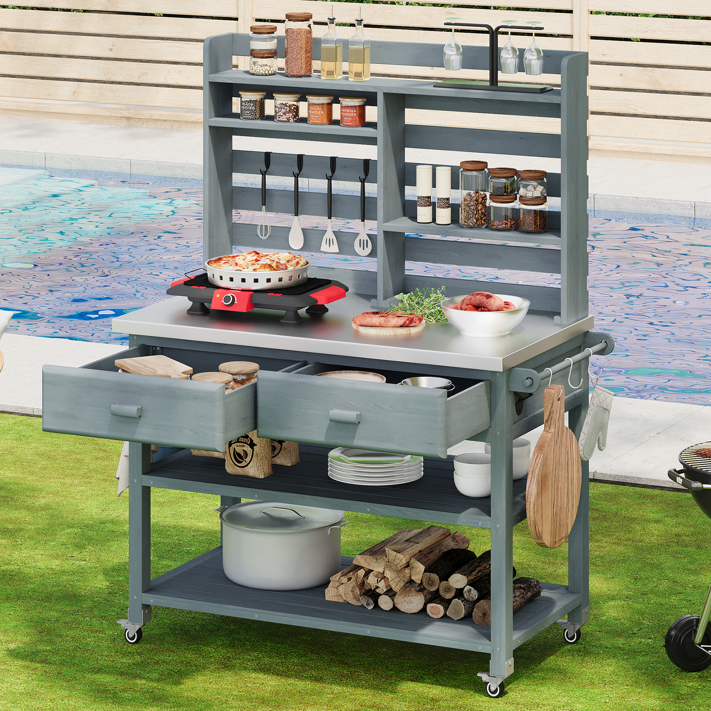K&K 64.9 H Outdoor Potting Bench Table With Lockable Wheels, Solid Wood Outdoor Kitchen Island With Upper Hutch, Stainless Steel Top, Towel Rack ,Outdoor Storage For Grilling, Lawn Garden  Grey Blue