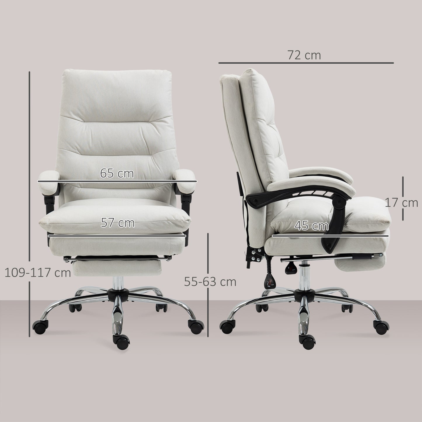 Microfibre Executive Massage Office Chair, Computer Desk Chair, Reclining Chair with Footrest, Double-tier Padding, Swivel Wheels, Cream White