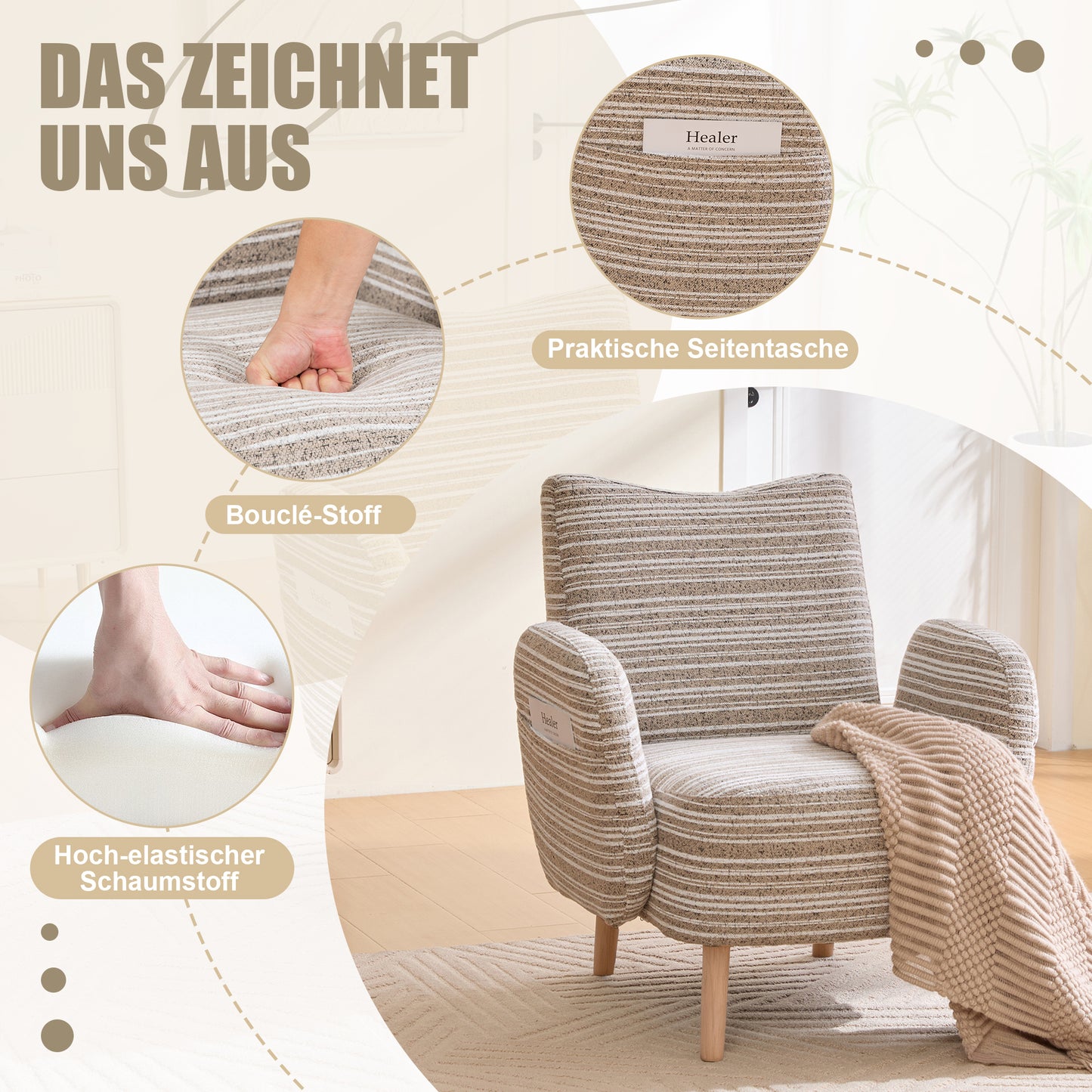Modern Armchair, Fabric With Circle Pattern, With Side Pocket, Solid Wood Legs, Comfortable Reading Chair, Living Room, Bedroom, Office Khaki Boucle
