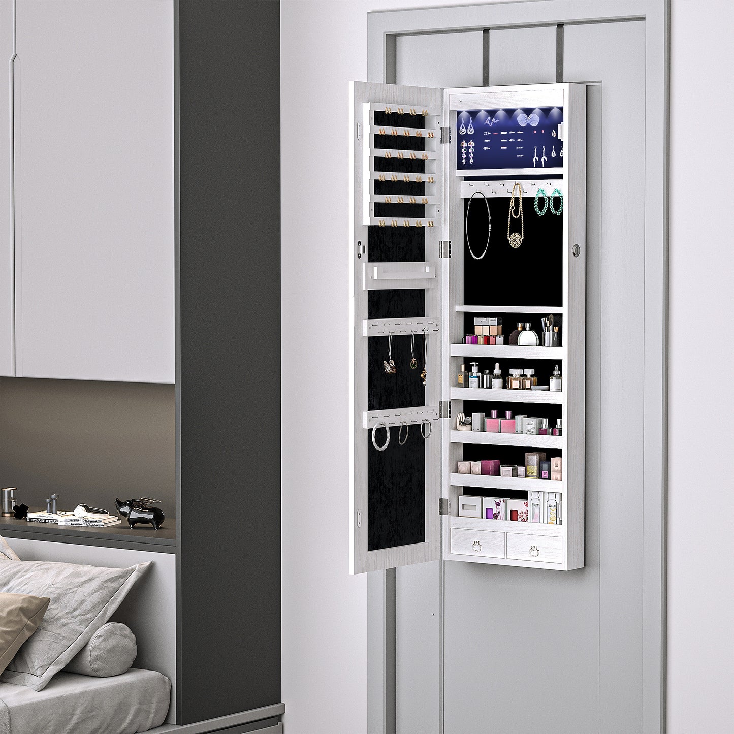 Jewelry Cabinet With Mirror And LED Lights, Lockable Makeup Cosmetics Jewellery Organiser, Mirror With Storage For Bedroom Dressing Room, White