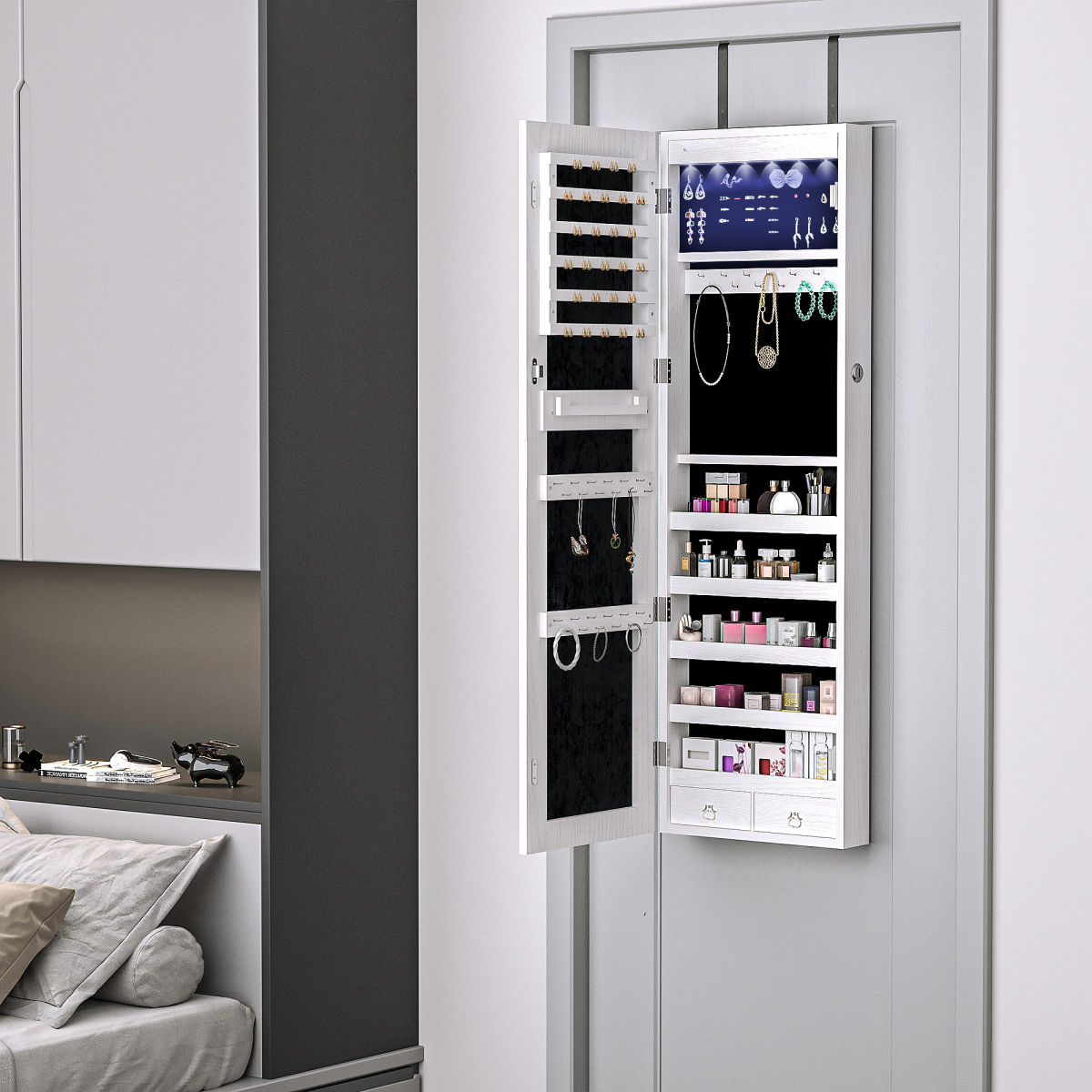 Jewelry Cabinet With Mirror And LED Lights, Lockable Makeup Cosmetics Jewellery Organiser, Mirror With Storage For Bedroom Dressing Room, White