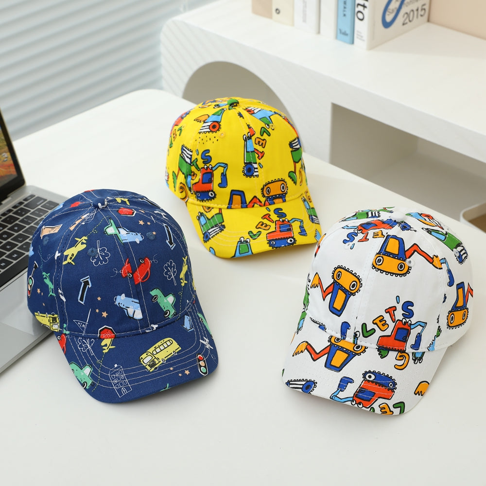 Doodle Cartoon Bulldozer And Car Patterns, Korean Version Trendy Children's Baseball Cap For Outdoor Travel And Leisure Activities
