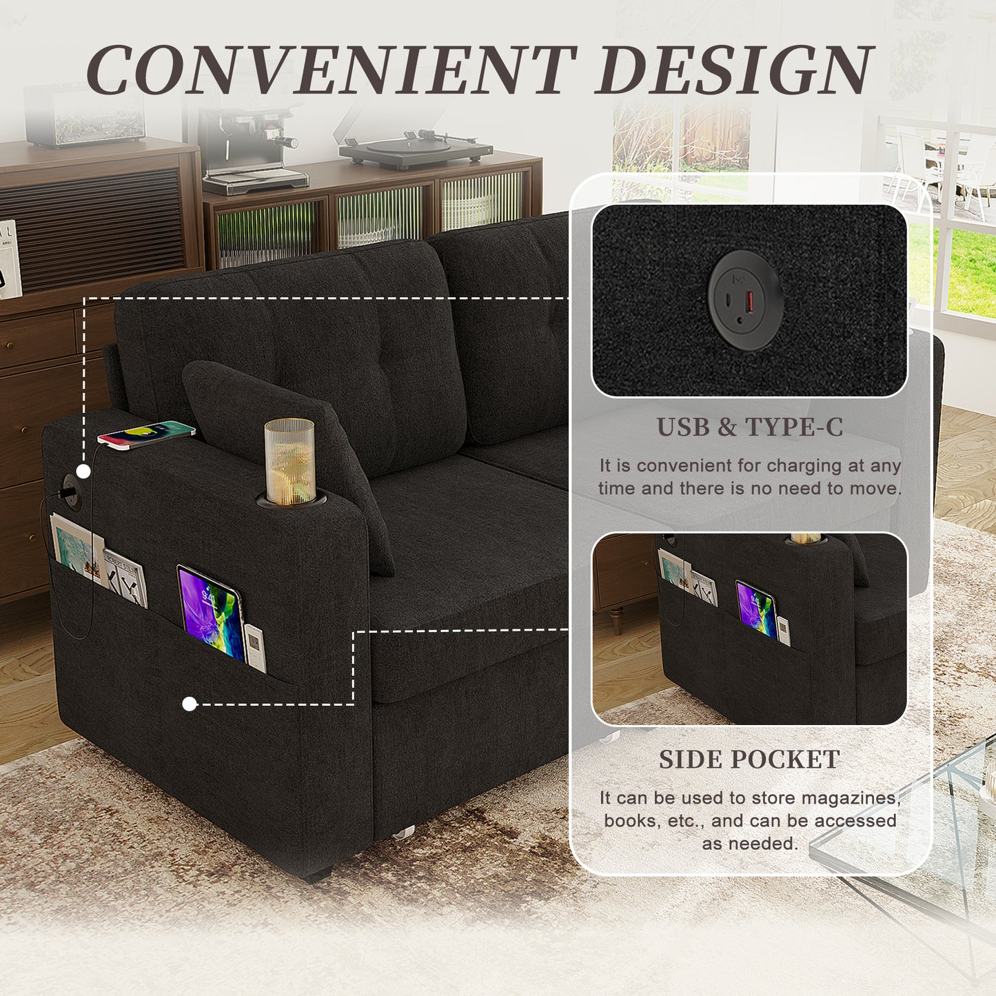 Sofas For Living Room, Couch Set,3 Seats Sofa, USB Charging,Wood Frame,Easy To Install,with Storage, Charging Station,Cup Holder,Modern Sectional Sofas For Living Room, Apartment,Chenille Fabric
