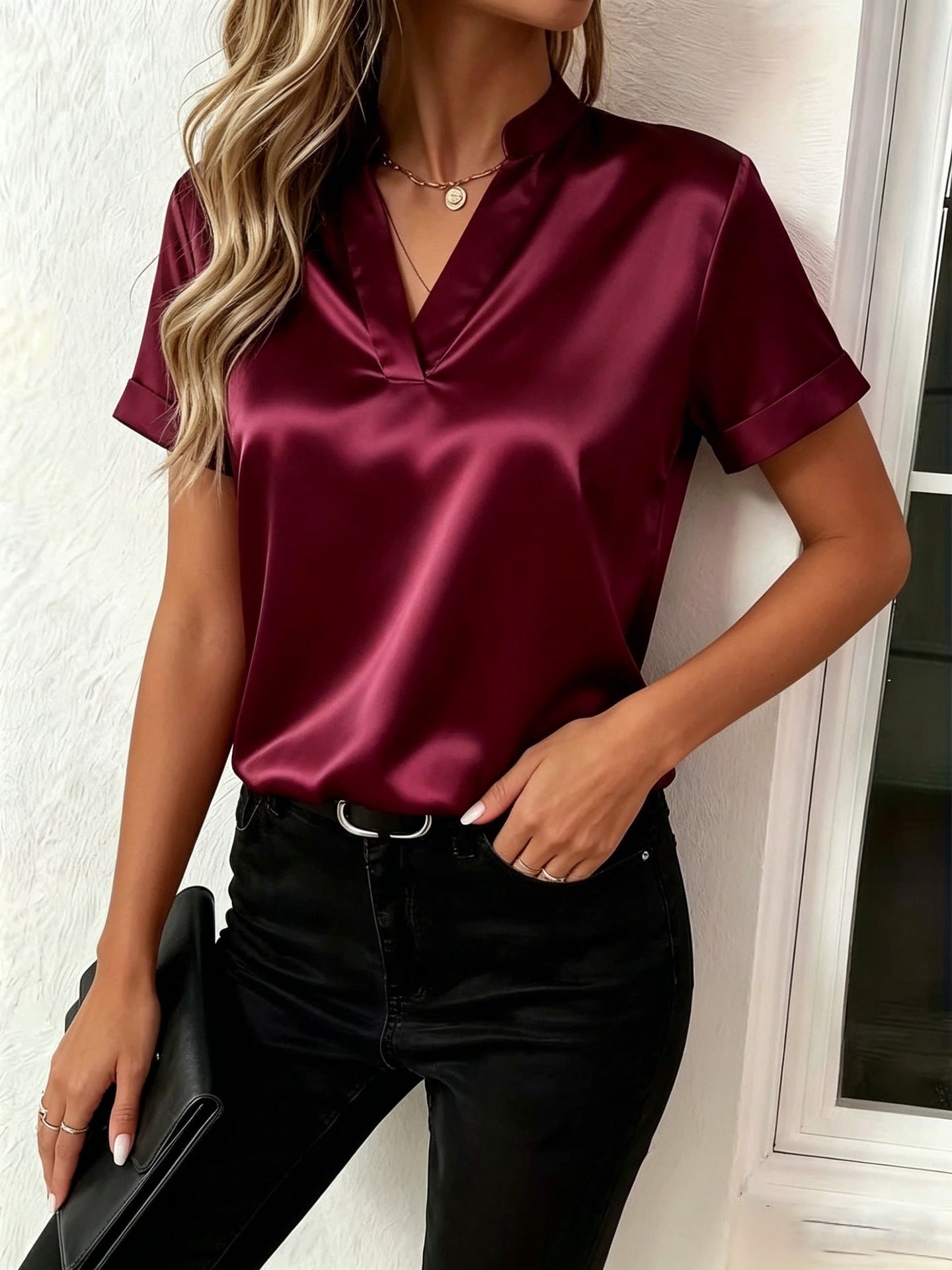 Women's Satin V-Neck Short Sleeve Blouse - Elegant Stand Collar Office Wear Top, Multiple Colors Available