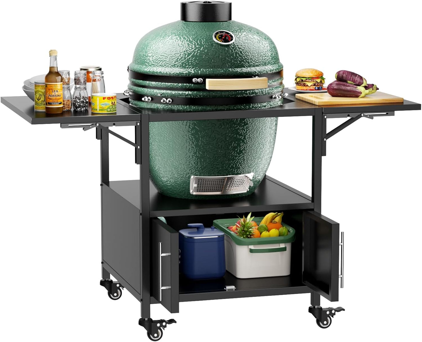 Outdoor Grill Table For Big Green Egg Style BBQ, Metal Grill Cart With 2 Folding Panels, Compatible With Up To Large Green Egg, Kamado Joe Jr