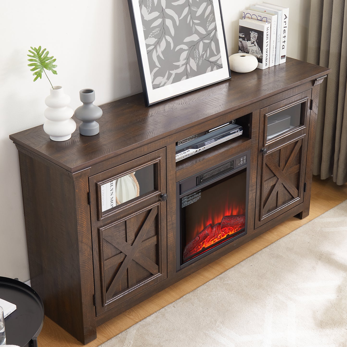 2 Doors Cabinet Farmhouse  Cabinet, Farmhouse TV Stand Barn Design,Farmhouse TV Media Stand, Large Barn Inspired Home Entertainment Console With 18  Fireplace Insert,Espresso,60.23 Wx15.35 Dx31.7 H