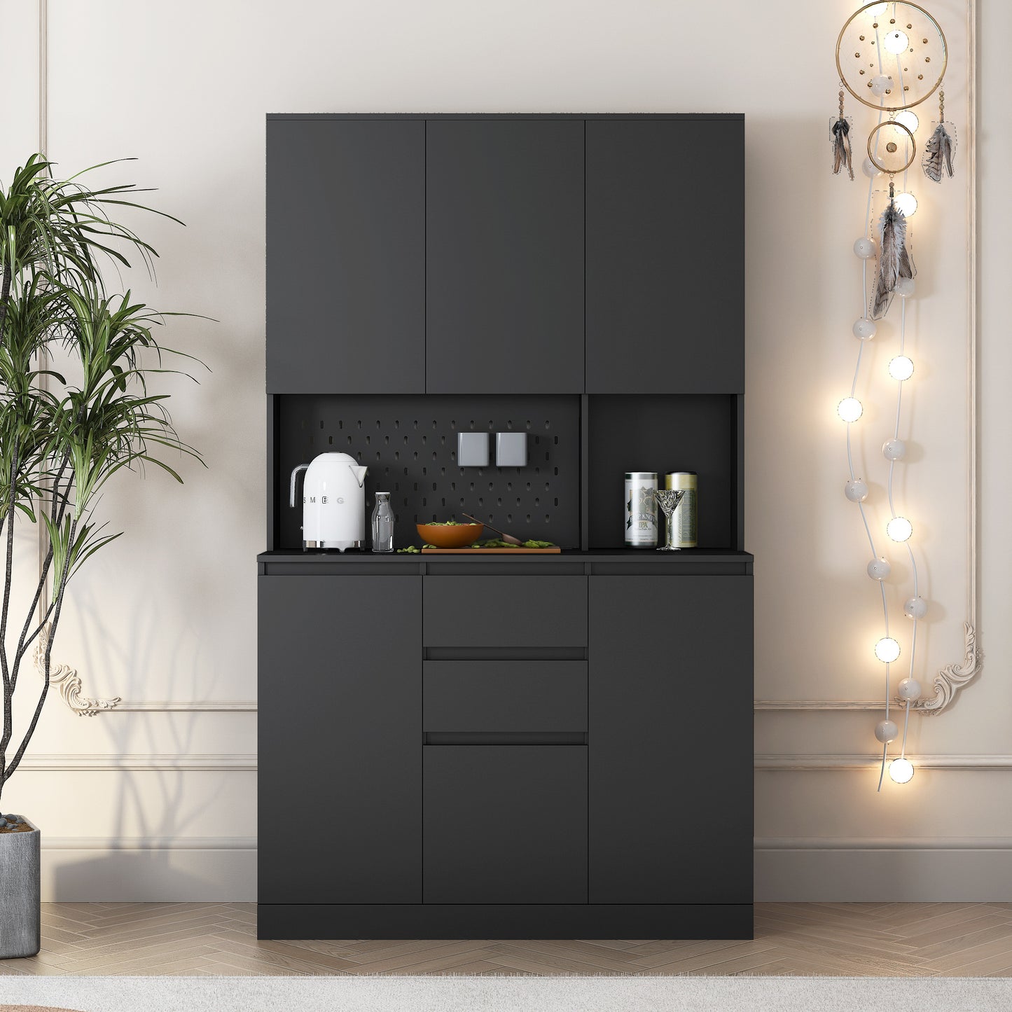 74  Freestanding Kitchen Pantry Cabinet Cupboard With 6 Doors,3 Shelves And 2 Drawer,Versatile Wardrobe & Kitchen Cabinet,Craft Storage Cabinet,Laundry Room Storage For  Kitchen Black