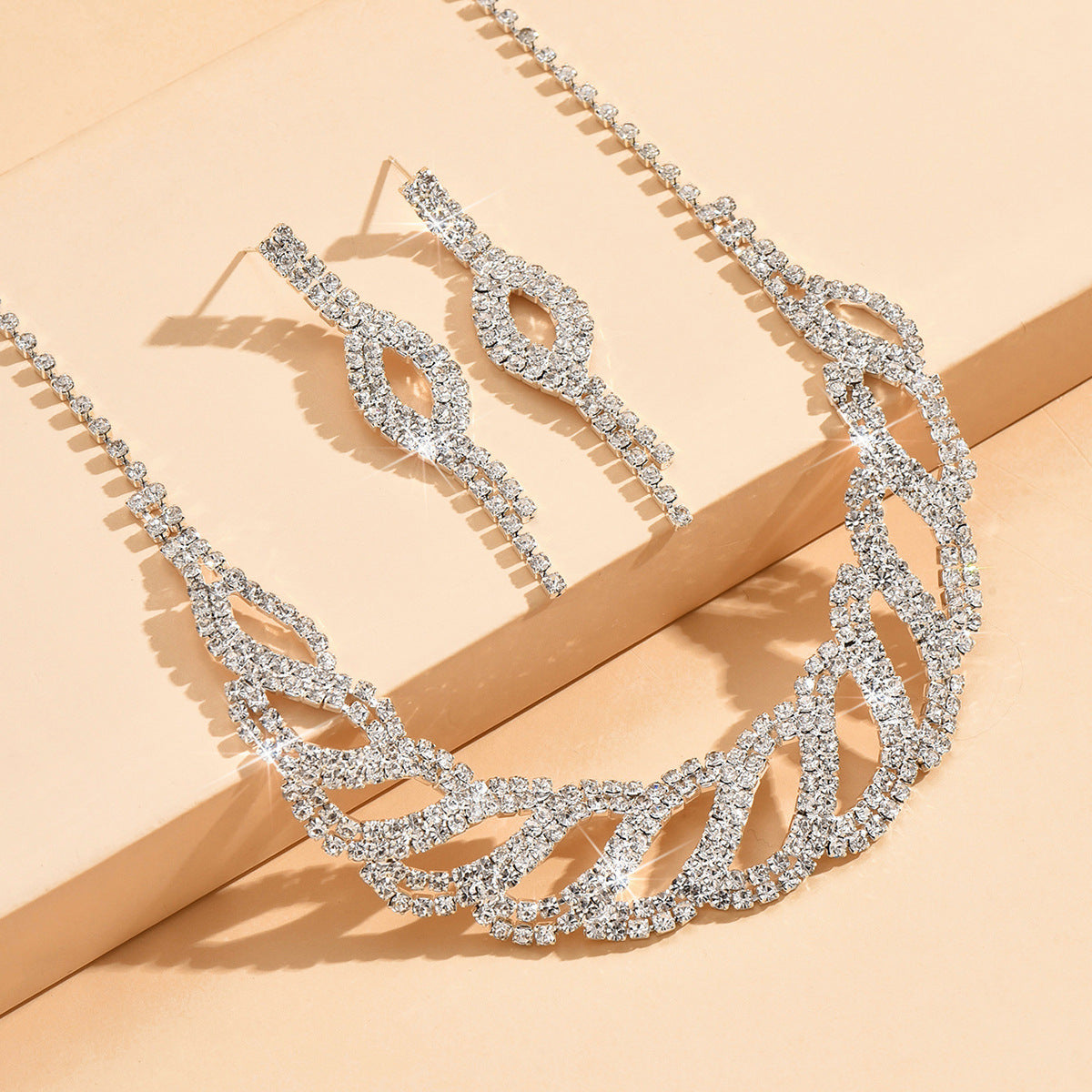 Women 2Pcs Clear Cubic Zirconia Jewelry Set, Intertwined Hollow Twist Necklace & Long Drop Dangle Earrings Silver Plated Formal Wedding Accessories